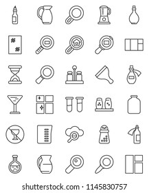 thin line vector icon set - scraper vector, window cleaning, shining, oil, measuring cup, hand mill, spices, jug, jar, magnifier, no alcohol sign, glass, cargo search, flask, vial, sand clock, cloud