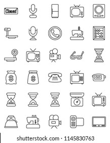thin line vector icon set - kettle vector, glasses, abacus, sand clock, big scales, tv, video camera, microphone, classic phone, fridge, money bag, closed, kitchen, sewing machine