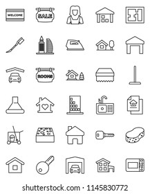 thin line vector icon set - cleaner trolley vector, mop, sponge, car fetlock, welcome mat, iron, sink, woman, warehouse, home, key, cottage, chalet, garage, plan, estate document, sale signboard