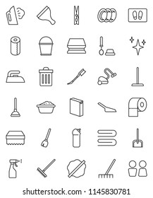 thin line vector icon set - plunger vector, scraper, broom, vacuum cleaner, mop, scoop, rake, bucket, clothespin, sponge, towel, trash bin, car fetlock, shining, splotch, welcome mat, iron, steaming