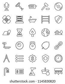 thin line vector icon set - plunger vector, scraper, bath, drawing compass, abacus, world, leaf, receipt, clock, dollar medal, weight, fitness mat, big scales, shelving, disk, video camera, sand