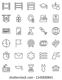 thin line vector icon set - plunger vector, water tap, plates, sink, cook timer, blender, graduate hat, flag, clock, dollar, pills vial, swimsuite, target, cereals, oxygen, shelving, film frame