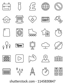 thin line vector icon set - shining vector, splotch, washer, cutting board, drawing compass, backpack, schedule, presentation, tie, pound, stopwatch, muscule hand, roller Skates, calendar, map pin