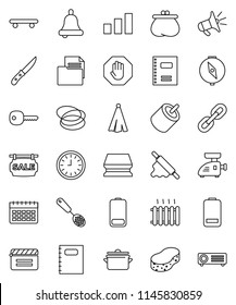 thin line vector icon set - sponge vector, pan, towel, skimmer, knife, rolling pin, copybook, bell, compass, clock, skateboard, calendar, hoop, document, sorting, cinema clap, battery, rca, chain