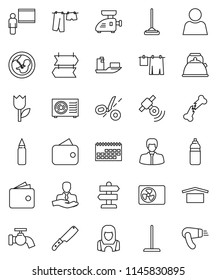 thin line vector icon set - mop vector, water tap, drying clothes, cleaner woman, kettle, knife, blackboard, wallet, manager, punching bag, bottle, signpost, client, ship, calendar, dry cargo, tulip