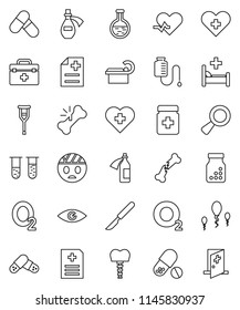 thin line vector icon set - pills vector, heart cross, oxygen, doctor bag, pulse, flask, vial, eye, magnifier, crutches, scalpel, broken bone, bottle, anamnesis, hospital bed, tomography, potion