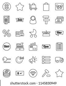 thin line vector icon set - gift vector, credit card, dollar coin, star, sale, new, open, 24 hour, shopping bag, percent, mall, support, reader, cashbox, list, auction, trolley, delivery, mail, menu