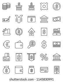 thin line vector icon set - bank vector, exchange, dollar coin, credit card, wallet, cash, money bag, growth, stack, check, building, receipt, search, flag, calendar, any currency, euro sign, yen