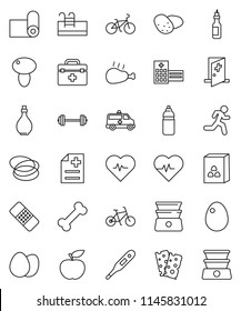 thin line vector icon set - oil vector, double boiler, cereal, egg, mushroom, potato, chicken leg, diet, barbell, heart pulse, bike, water bottle, fitness mat, breads, bone, hoop, run, doctor bag