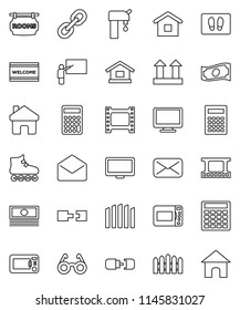 thin line vector icon set - welcome mat vector, blackboard, glasses, calculator, cash, roller Skates, top sign, film frame, monitor, link, mail, home, connection, water supply, fence, microwave oven