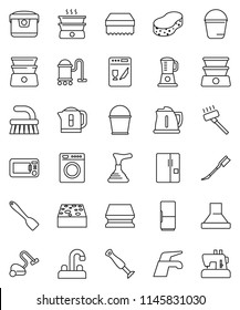 thin line vector icon set - plunger vector, water tap, vacuum cleaner, fetlock, bucket, sponge, car, kettle, spatula, double boiler, fridge, washer, dishwasher, hood, multi cooker, microwave oven
