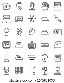 thin line vector icon set - iron vector, mixer, oven, double boiler, blender, table lamp, tv, rca, windmill, air conditioner, ari condition, multi cooker, epilator, fan, kettle, heater, bulb