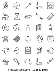 thin line vector icon set - scraper vector, water drop, car fetlock, toilet brush, washer, blender, dollar growth, medal, monitor, bottle, internet, gender sign, pills blister, chromosomes, chain