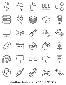 thin line vector icon set - satellitie vector, rca, jack, connection, network, server, disconnection, folder, big data, browser, usb modem, share, cloud upload, download, chain, document, wireless