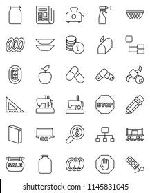 thin line vector icon set - washing powder vector, sprayer, plates, colander, jar, pencil, corner ruler, apple fruit, coin stack, money search, pills, stadium, Railway carriage, satellite, newspaper