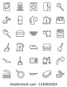 thin line vector icon set - broom vector, vacuum cleaner, fetlock, scoop, sponge, steaming, drying clothes, pan, kettle, colander, grater, washer, fridge, iron, dishwasher, microwave oven