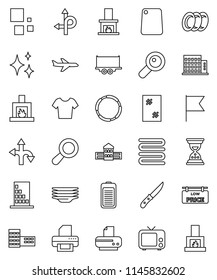 thin line vector icon set - shining vector, window cleaning, plates, towel, knife, cutting board, school building, flag, sand clock, t shirt, hoop, route, plane, truck trailer, tv, battery, loading