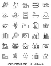 thin line vector icon set - house hold vector, cottage, pond, pool, mailbox, windmill, fruit tree, mountain, barn, fence, estate document, rooms signboard, low price, apartments, office building