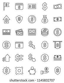 thin line vector icon set - exchange vector, dollar coin, cash, money bag, piggy bank, investment, growth, receipt, medal, flag, shield, calendar, cursor, any currency, sign