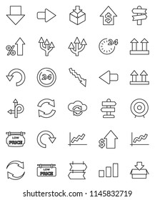 thin line vector icon set - graph vector, crisis, percent growth, dollar, target, arrow down, route, signpost, top sign, package, sorting, cloud exchange, refresh, redo, undo, low price signboard