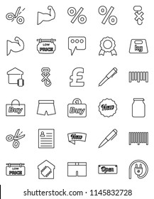 thin line vector icon set - jar vector, pen, medal, personal information, pound, muscule hand, shorts, no hook, weight, barcode, message, low price signboard, smart home, new, open, percent, buy