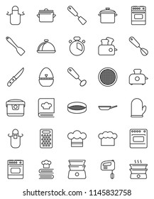 thin line vector icon set - pan vector, cook hat, apron, glove, timer, whisk, spatula, knife, grater, oven, double boiler, cookbook, sieve, dish, mixer, multi cooker, toaster