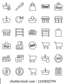 thin line vector icon set - pen vector, dollar coin, cart, credit card, office, shelving, sale, closed, 24 hour, shopping bag, market, store, mall, buy, basket, list