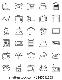 thin line vector icon set - washboard vector, kettle, hand mill, glasses, alarm clock, abacus, phone, umbrella, film frame, tv, classic, closed, video camera, sewing machine, radio