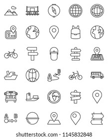 thin line vector icon set - camping cauldron vector, backpack, compass, school bus, world, bike, signpost, navigator, earth, map pin, Railway carriage, ship, route, globe, mountain