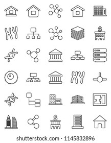 thin line vector icon set - molecule vector, bank, building, hierarchy, dna, chromosomes, ovule, connect, big data, plan, apartments, office, home