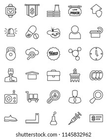 thin line vector icon set - plates vector, corner ruler, molecule, manager, case, bank building, clock, dollar flag, weight, snickers, pills, heart monitor, cargo, dry, radio, flask, magnifier, user