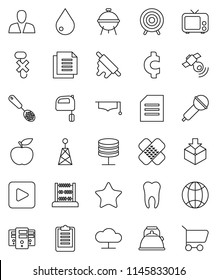 thin line vector icon set - water drop vector, kettle, skimmer, rolling pin, mixer, bbq, graduate hat, abacus, document, cent sign, diet, clipboard, target, no hook, package, microphone, antenna, tv