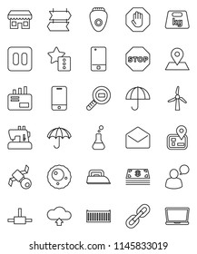 thin line vector icon set - navigator vector, map pin, satellite, sea container, umbrella, weight, cargo search, mobile phone, speaking man, mail, pause button, flask, ovule, connect, favorites