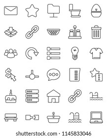 thin line vector icon set - trash bin vector, toilet, colander, measuring cup, cook timer, spices, cake, dollar cursor, pool, link, group, connect, network folder, big data, menu, home, favorites
