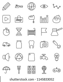 thin line vector icon set - soap vector, water tap, ladle, cutting board, turk coffee, mixer, jar, pencil, flag, constellation, stopwatch, car, port, umbrella, camera, speaker, equalizer, internet