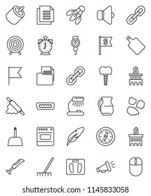 thin line vector icon set - rake vector, scoop, garbage pile, scales, rolling pin, cutting board, jug, pen, table lamp, alarm clock, compass, flag, bank building, dollar, target, shuttlecock, link