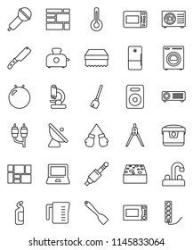 thin line vector icon set - broom vector, sponge, cleaning agent, water tap, measuring cup, spatula, knife, microwave oven, drawing compass, notebook pc, fitball, boxing glove, consolidated cargo