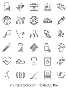 thin line vector icon set - heart pulse vector, pills vial, first aid kit, doctor bag, thermometer, flask, dna, syringe, scalpel, stethoscope, bottle, blister, eye hat, microscope, microbs, sperm
