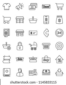 thin line vector icon set - cart vector, percent growth, target, cent sign, office, credit card, cash, money bag, sale, closed, 24 hour, market, mall, support, buy, reader, receipt, basket, catalog
