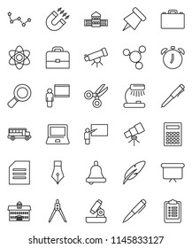 thin line vector icon set - pen vector, university, school building, blackboard, drawing compass, case, atom, telescope, microscope, bell, table lamp, calculator, notebook pc, alarm clock, paper pin