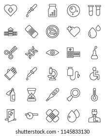 thin line vector icon set - rubber glove vector, school building, heart cross, disabled, thermometer, flask, vial, eye, dna, magnifier, dropper, scissors, sand clock, patch, pills bottle, doctor hat