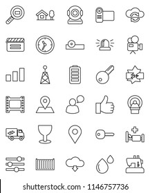thin line vector icon set - map pin vector, sea container, clock, glass, sorting, cargo search, cinema clap, film frame, antenna, video camera, speaking man, finger up, battery, eye doctor hat, key