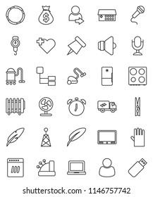thin line vector icon set - vacuum cleaner vector, clothespin, rubber glove, scales, oven, pen, notebook pc, alarm clock, paper pin, money bag, heart cross, hoop, antenna, speaker, microphone, login