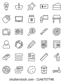 thin line vector icon set - potato vector, cake, pencil, blackboard, ruler, paper pin, gold ingot, credit card, annual report, money search, tv, rca, microbs, potion, connection, menu, user, table