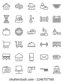 thin line vector icon set - fetlock vector, drying clothes, colander, thermometer, dish, world, sand clock, calendar, barbell, measuring, port, wood box, no trolley, camera, video, mail, gender sign