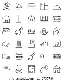 thin line vector icon set - mop vector, sponge, window cleaning, welcome mat, iron, steaming, shining, house hold, cleaner woman, school building, home, key, cottage, chalet, plan, estate document