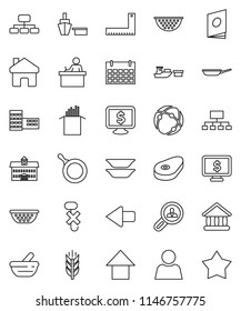 thin line vector icon set - pan vector, colander, plates, pasta, steak, university, school building, corner ruler, student, arrow up, hierarchy, monitor dollar, calendar, cereals, port, no hook