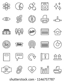 thin line vector icon set - shining vector, copybook, atom, exchange, pie graph, man, calendar, stadium, target, no fastfood, attention, satellite, top sign, equalizer, link, heart cross, eye, redo
