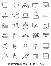 thin line vector icon set - trash bin vector, notebook pc, laptop graph, heart monitor, support, top sign, gamepad, hdmi, diagnostic, server, browser, share, arrow, network document, unlock, user