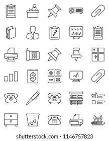 thin line vector icon set - trash bin vector, shining window, student, pen, paper pin, archive, exam, manager, binder, clipboard, phone, receipt, sorting, classic, thumbtack, diagnostic monitor